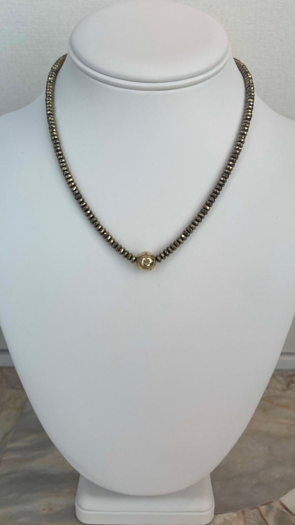 Bronze pyrite, gold, diamond bead necklace